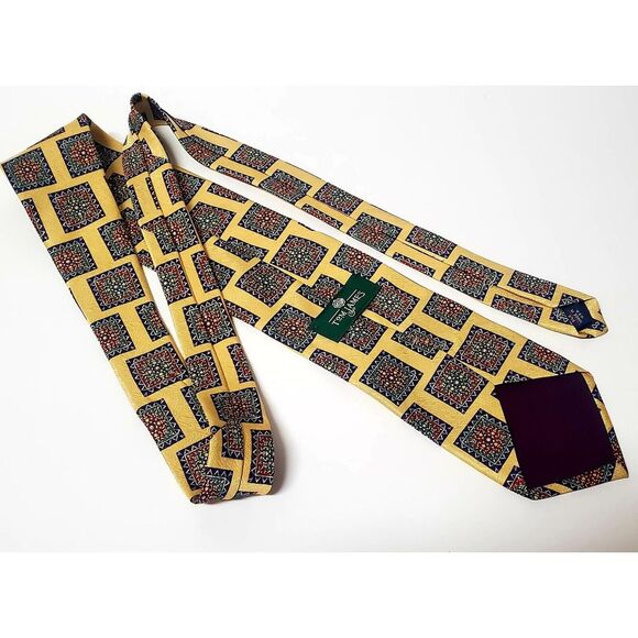 Tom James 100% Silk Tie USA Yellow/Purple/Red/Green Square Geometric Pattern - Picture 9 of 11